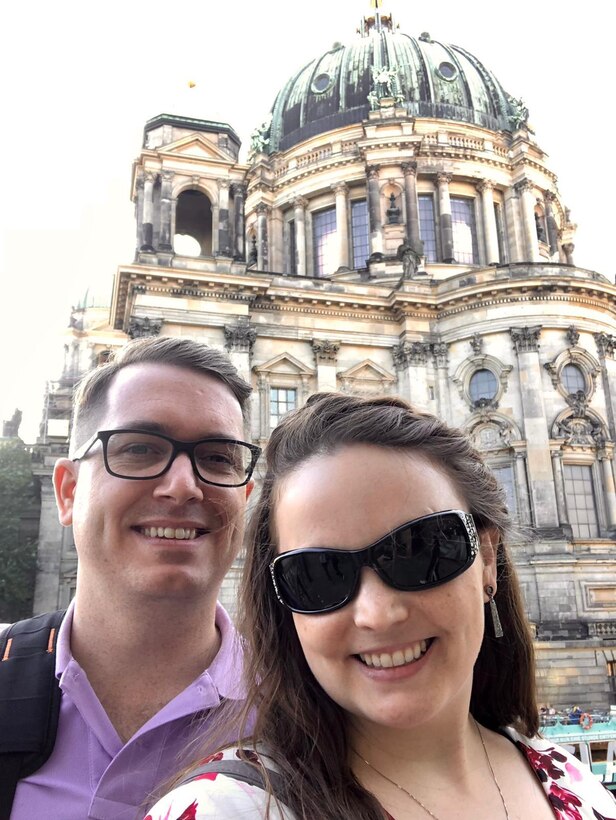 U.S. Army Corps of Engineers, Europe District Army Fellow Chris Constant poses with his wife in front of the Berlin Cathedral in Germany while on personal travel September 3, 2021. In addition to supporting projects in several countries in Europe, being an Army Fellow and being based at Europe District headquarters in Wiesbaden, Germany also offers unique opportunities for personal travel in addition to official travel visiting project sites. (Courtesy Photo)
