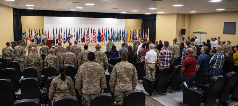 Maj. Gen. Kimberly Colloton, Commanding General of U.S. Army Corps of Engineers Transatlantic Division, hosts a Relinquishment of Command ceremony where the outgoing Expeditionary District Commander, Col. Kenneth N. Reed, who will transfer command of the district to interim Expeditionary District Commander, Lt. Col. Peter M. Ammerman, April 25, 2022, at Camp Arifjan, Kuwait.