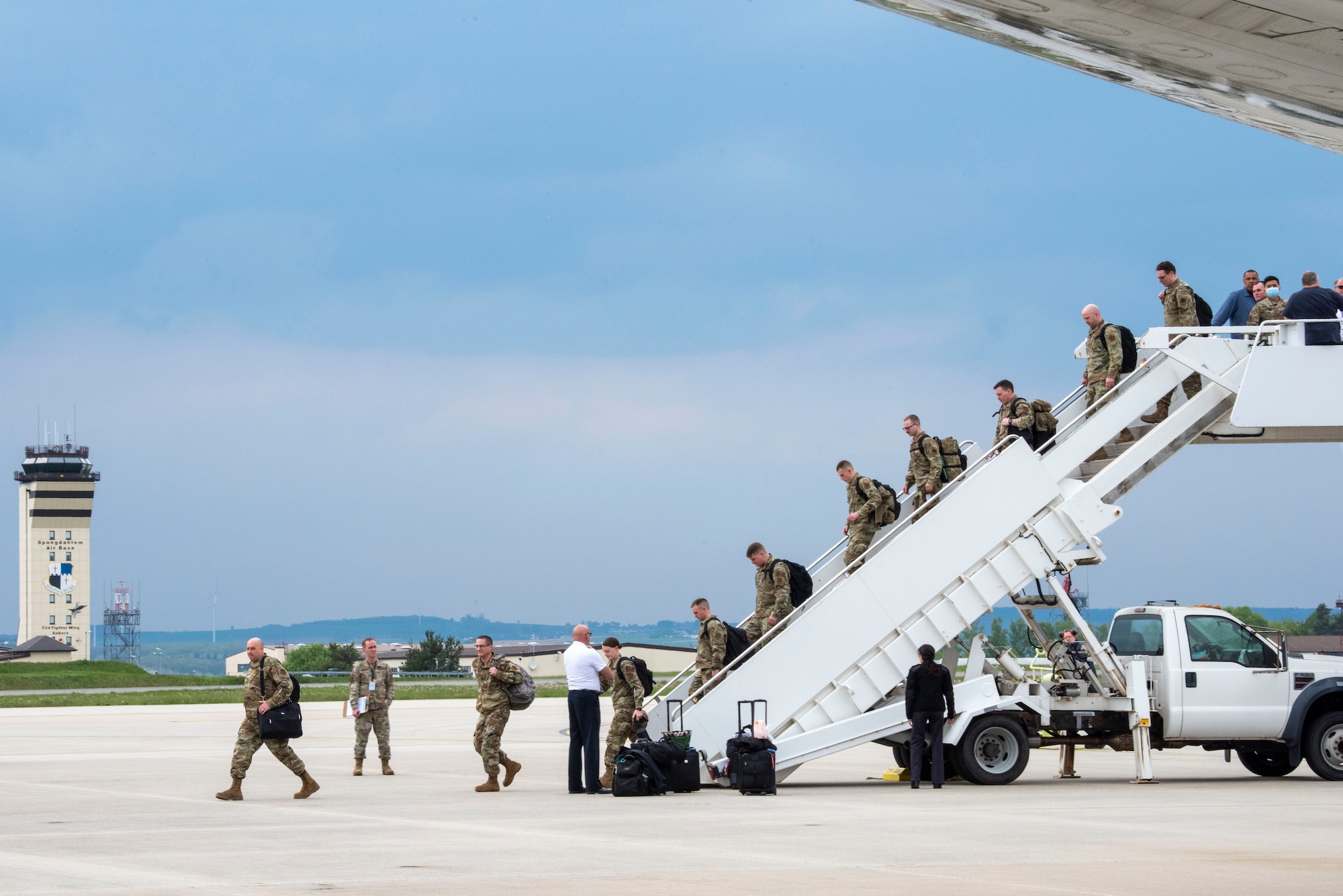 Members from the Vermont Air National Guard’s 158th Fighter Wing arrive at Spangdahlem Air Base, Germany, April 29, 2022. As part of NATO’s plan to bolster its collective defense posture, the 158th FW will take over the mission for Hill Air Force Base’s 388th Fighter Wing. (U.S. Air Force photo Airman 1st Class Marcus Hardy-Bannerman)