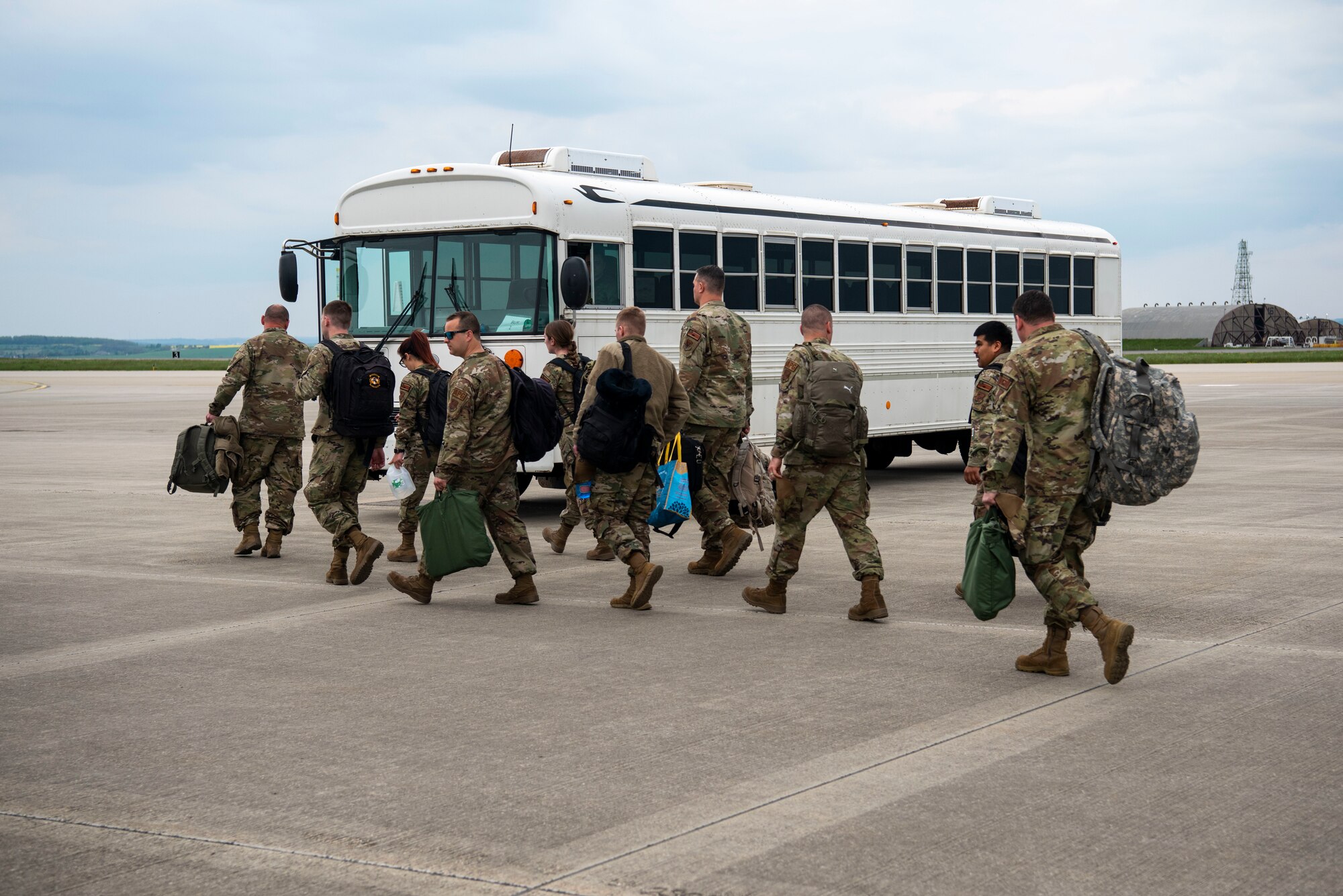 Members from the Vermont Air National Guard’s 158th Fighter Wing arrive at Spangdahlem Air Base, Germany, April 29, 2022. The 158th FW will continue NATO’s Enhanced Air Policing mission along the Eastern flank. (U.S. Air Force photo by Airman 1st Class Marcus Hardy-Bannerman)