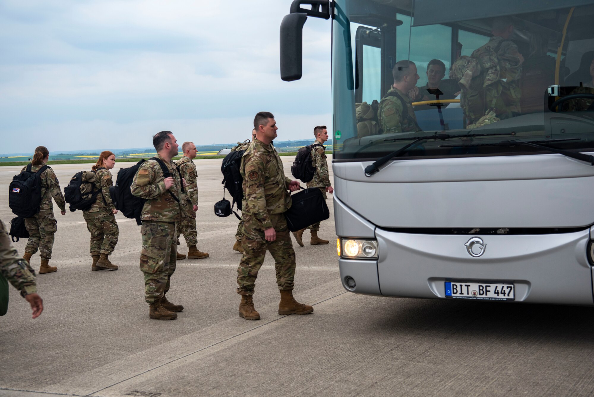 Members from the Vermont Air National Guard’s 158th Fighter Wing arrive at Spangdahlem Air Base, Germany, April 29, 2022. U.S. European Command’s ability to rotate units maintains readiness across the force, and displays the U.S. Air Force’s unique ability to integrate seamlessly between Active Duty, Air Force Reserve, and Air National Guard components. (U.S. Air Force photo by Airman 1st Class Marcus Hardy-Bannerman)