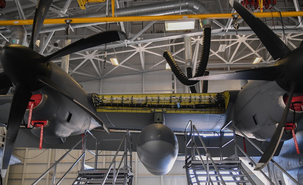 An HC-130J Combat King II has a wing panel removed and awaits installation of a newly repaired leading edge after a bird strike damaged it at Patrick Space Force Base, Fla., April 26, 2022. (U.S. Air Force photo by Staff Sgt. Darius Sostre-Miroir)