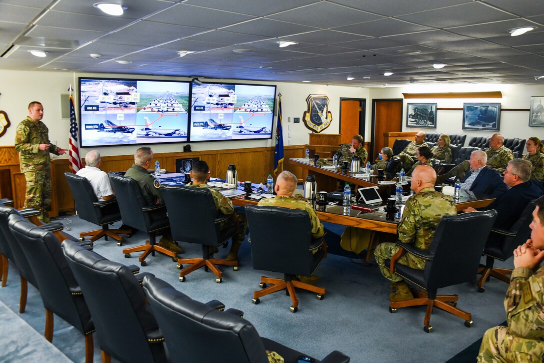 Leaders from the 97th Air Mobility Wing brief Rep. Frank Lucas, Oklahoma congressman, during a base tour at Altus Air Force Base, Oklahoma, April 22, 2022. Congressman Lucas represents Oklahoma’s Third Congressional District, which includes 32 counties in northern and western Oklahoma. (U.S. Air Force photo by Airman 1st Class Miyah Gray)