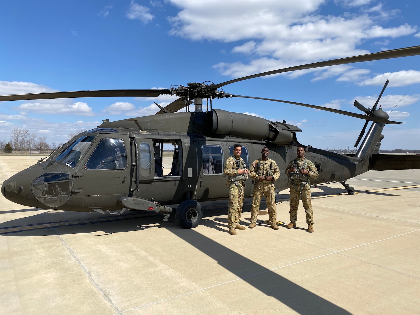 Chief Warrant Officer (2) Aendri Decker, Chief Warrant Officer (2) George Frimpong and Sgt. Jonathan Blair (left to right), all representing 1st Battalion, 106th Aviation Regiment as the Illinois Army National Guard’s first African-American flight crew pose for a photograph March 31, 2022 in Kankakee, Illinois. The three hope to inform other African-Americans of the opportunities to fly aircrafts in the military. (photo courtesy of Chief Warrant Officer (2) George Frimpong)