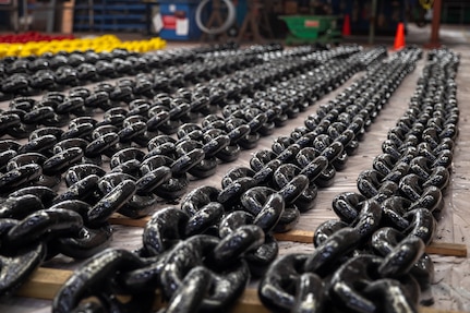 The shipyard works with chains varying in sizes to accommodate many vessels within the Navy.