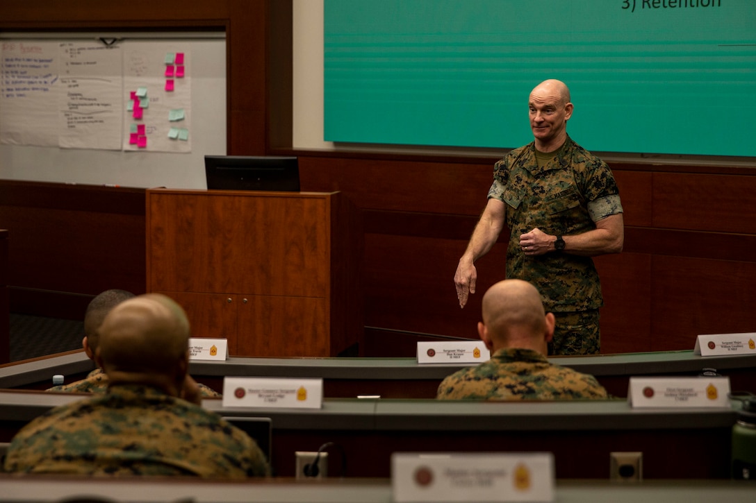 U.S. Marine Corps Sgt. Maj. Troy E. Black, the 19th Sergeant Major of the Marine Corps, a native of Louisville, Kentucky, gives his opening remarks during the 2022 Warfighter Development Summit at Warner Hall on Marine Corps Base Quantico, Virginia, April 27, 2022. The purpose of the Warfighter Development Summit is to gather feedback through shared experiences, collect data, and to develop a deep understanding of the issues affecting Marines and their families in relation to these topics. (U.S. Marine Corps photo by Cpl. Eric Huynh)
