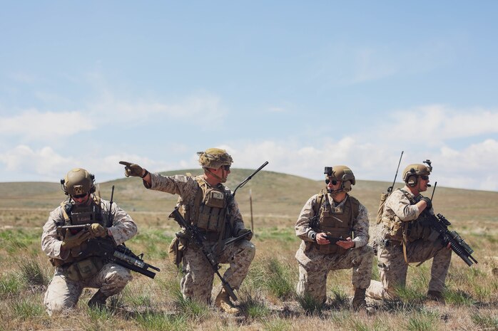U.S. Marine Corps Joint Terminal Attack Controller students with 1st Marine Division coordinate close air support for an urban assault at Saylor Creek Range in Grasmere, Idaho during Exercise Garnet Rattler April 28, 2022. Garnet Rattler is a joint training event between Marines, Soldiers and Airmen to train and qualify JTACs to be more efficient and lethal in a realistic training environment.