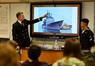 Sailors from USS Princeton (CG 59) tell a class at at Steinert High School about their ship during Navy Week Trenton.
