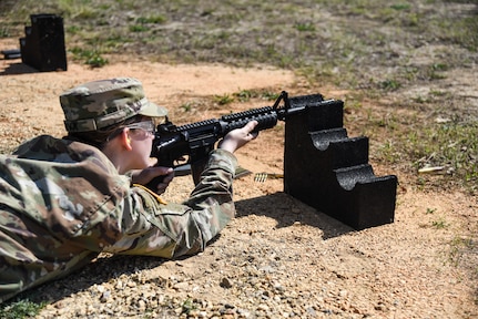 Cadets enrolled in the Virginia Army National Guard’s Simultaneous Membership Program conduct training during a three-day field training exercise held April 22-24, 2022, at Fort Pickett, Virginia. Over the course of the weekend, the cadets zeroed on the M4 carbine, and focused on basic warrior tasks and battle drills. Approximately 70 cadets from universities across the state participated in the event, which was supported by around 15 Soldiers assigned to the Virginia Army National Guard’s Recruiting and Retention Battalion. (U.S. Army National Guard photo by Sgt. 1st Class Terra C. Gatti)