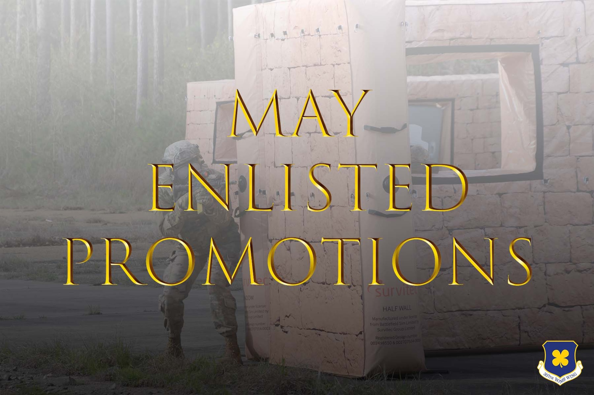 An Airman holds a rifle with words "May Enlisted Promotions" overlaid in gold.