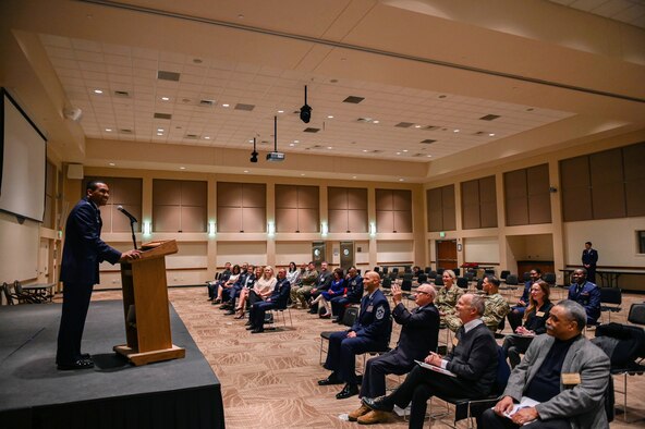 Col. Marcus Jackson, Buckley Garrison commander, addresses newly inducted members of the Honorary Commander’s Program at Buckley Space Force Base, Colo., March 16, 2022.