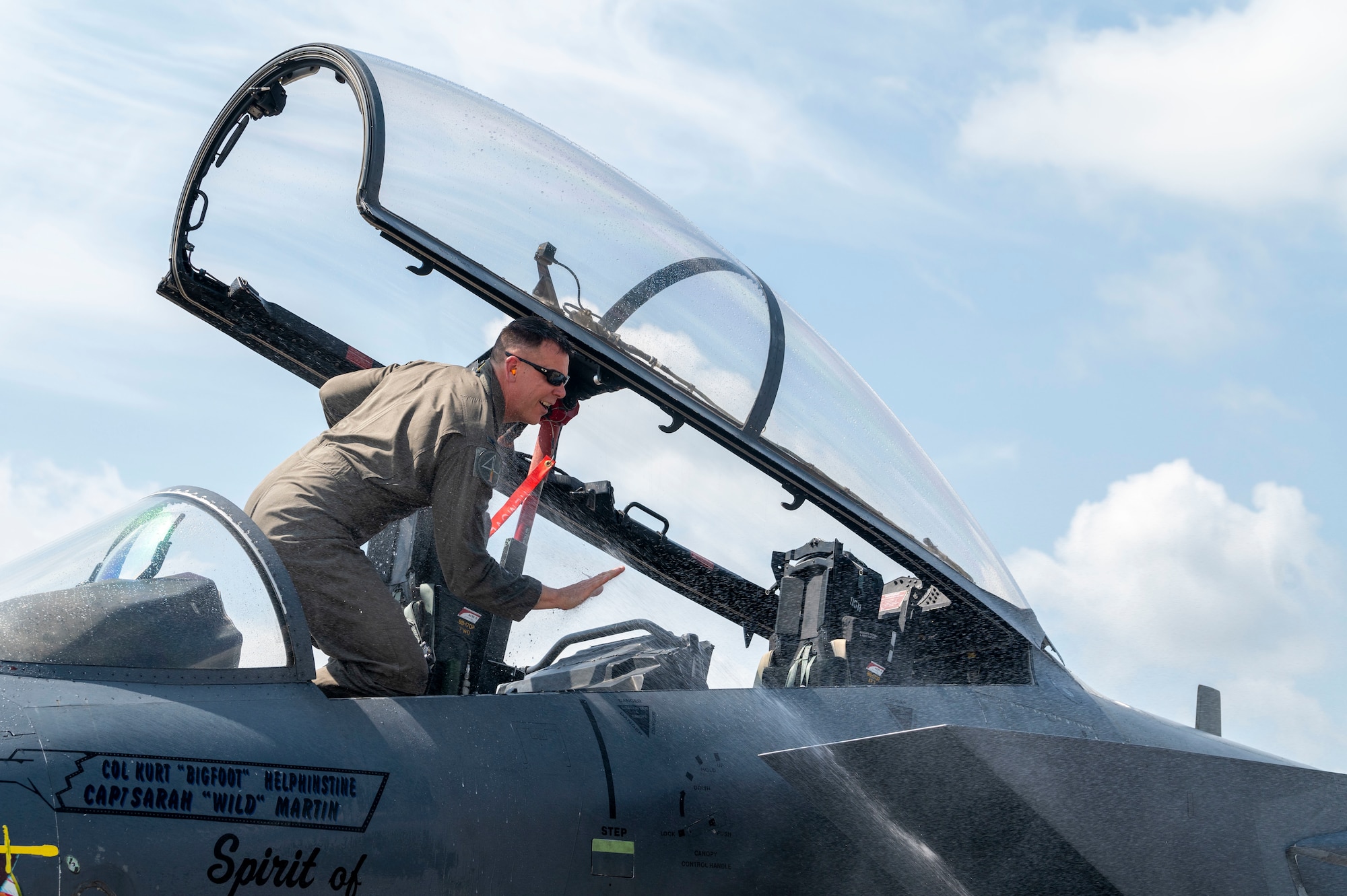 Col. Kurt Helphinstine, 4th Fighter Wing commander, returns from his final flight at Seymour Johnson Air Force Base, North Carolina, May 2, 2022. This was Helphinstine’s final flight before leaving the 4th FW. (U.S. Air Force photo by Senior Airman Kevin Holloway)