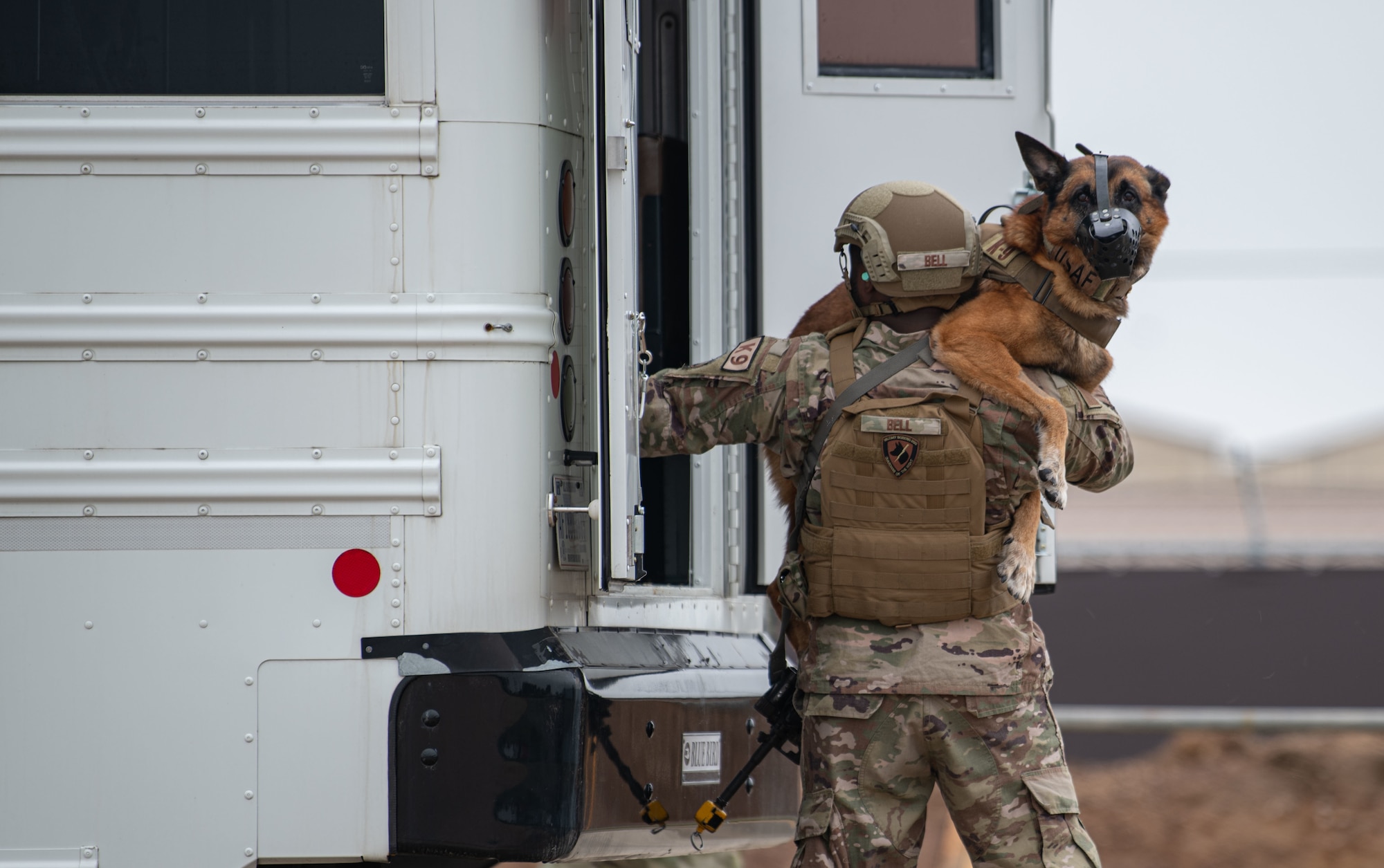 Senior Airman Jelani Bell, 8th Security Forces Squadron military working dog (MWD) handler, and MWD Hieno, prepare to board a CH-47 Chinook helicopter, assigned to U.S. Army Bravo Company, 3-2 General Support Aviation Battalion, out of Camp Humphreys, Republic of Korea, during a K-9 medical evacuation training event at Kunsan Air Base, ROK, April 26, 2022. The handlers gradually exposed the MWDs to the helicopters to familiarize them with the noises and vibrations to reduce their anxiety while flying. (U.S. Air Force photo by Staff Sgt. Gabrielle Spalding)