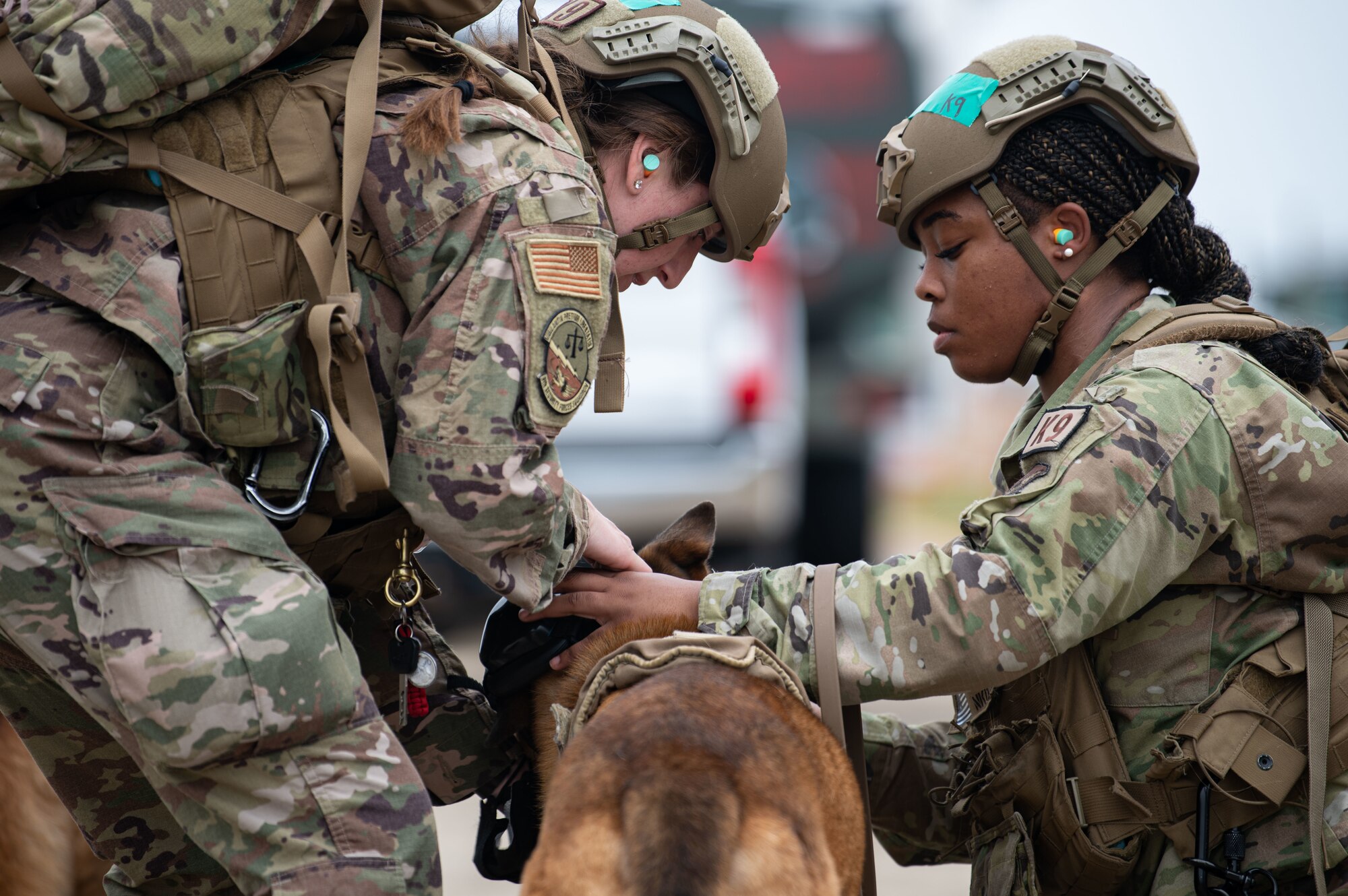 Staff Sgt. Darby Misner, 8th Security Forces Squadron military working dog (MWD) trainer, left, MWD Bonus, center, and Senior Airman Tyyori Major, 8th Security Forces Squadron military working dog handler, right, position hearing protection on MWD Bonus prior to K-9 medical evacuation training at Kunsan Air Base, Republic of Korea, April 26, 2022. These trainings not only benefit the MWDs, but also helps the handlers, veterinary staff, aviation brigade personnel, and the 8th Medical Group reevaluate and develop processes for continuity and quick action responses in emergency scenarios. (U.S. Air Force photo by Staff Sgt. Gabrielle Spalding)