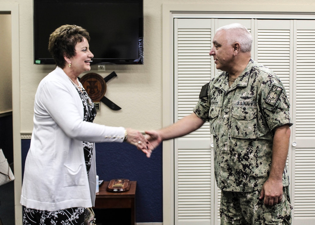NAVAL BASE GUAM (May 3, 2022) - U.S. Naval Base Guam (NBG) Commanding Officer Capt. Michael Luckett met with Department of Defense Education Activity (DoDEA) Pacific Director for Student Excellence (DSE) Lois Rapp at the NBG Headquarters May 3.