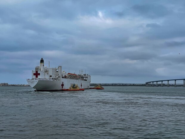 USNS Mercy (T-AH 19) departs Naval Base San Diego.