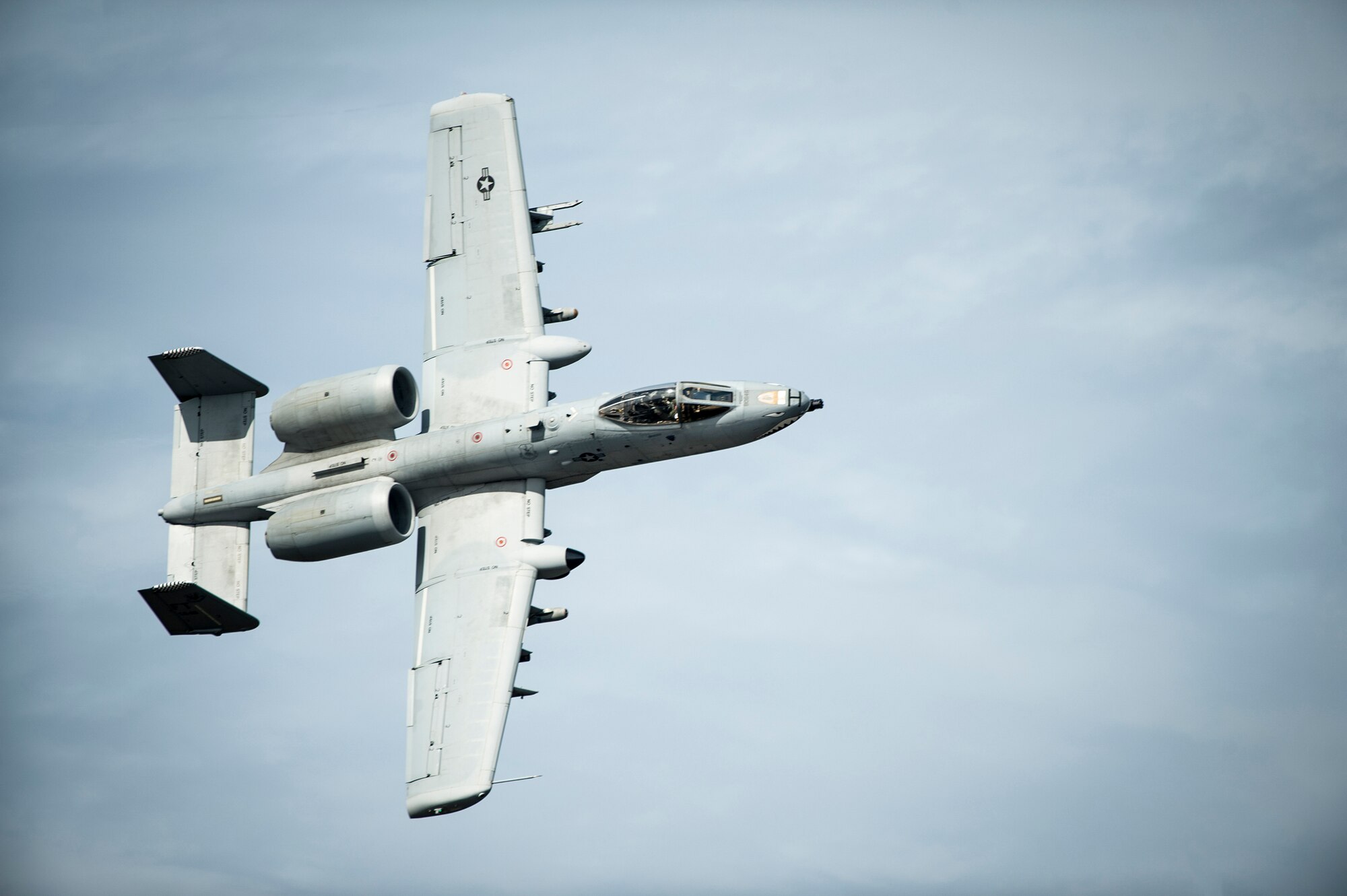 An A-10C Thunderbolt II from the 23rd Fighter Group performs a show-of-force maneuver during a training exercise, Jan. 26, 2016, at Moody Air Force Base, Ga. During the training, the A-10Cs provided close air support for the 41st Rescue Squadron’s HH-60G Pave Hawk helicopters in a simulated combat search and rescue mission (U.S. Air Force photo by Airman 1st Class Lauren Johnson)