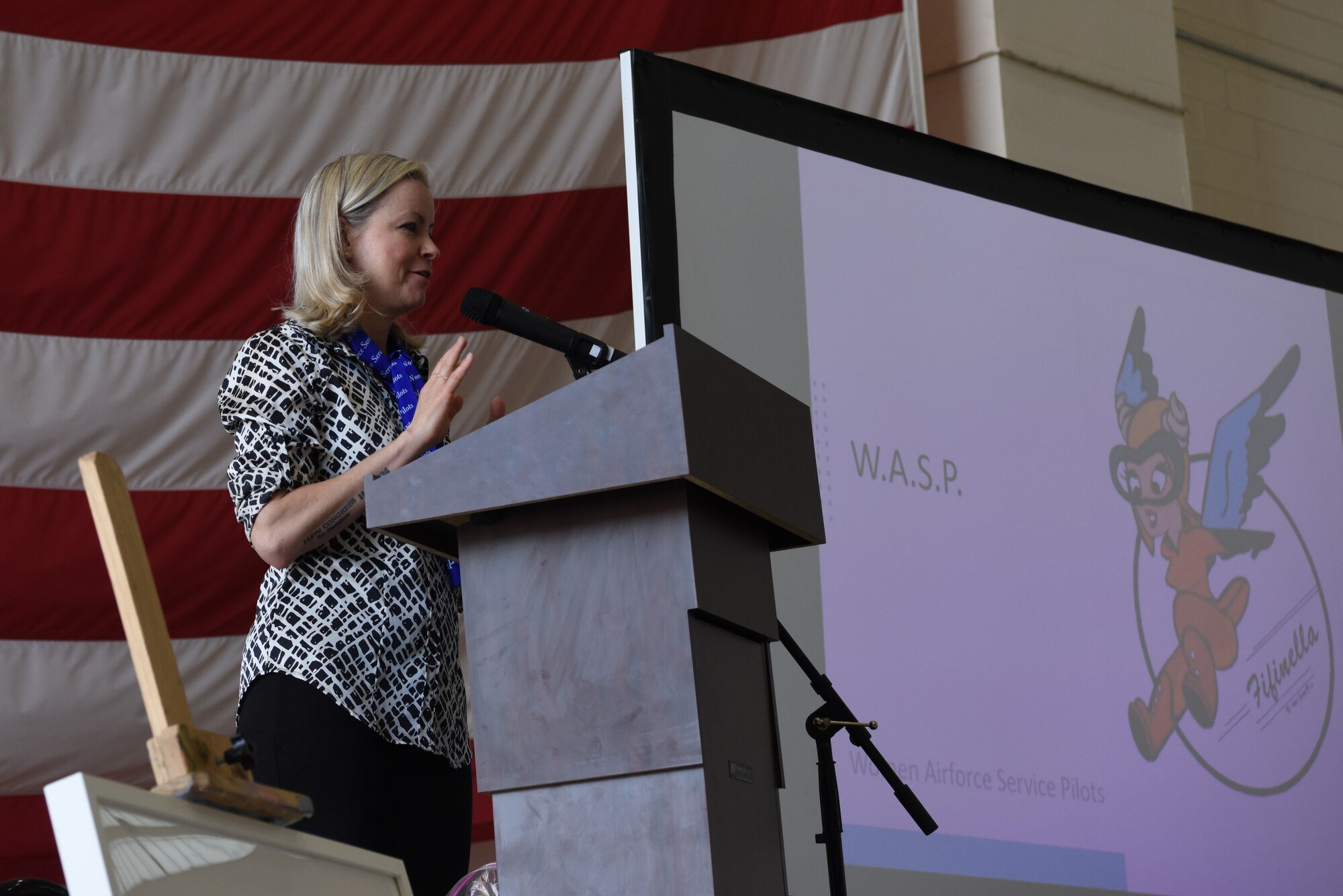 Erin Miller, author of the book “Final Flight” and granddaughter to Women Airforce Service Pilot Elaine Danforth Harmon, speaks on her grandmother’s military service at Dyess Air Force Base, Texas, April 29, 2022. Guest speakers spoke about the past, present and future of women in the military and culture changes made by female service members.  (U.S. Air Force Photo by Senior Airman Sophia Robello)