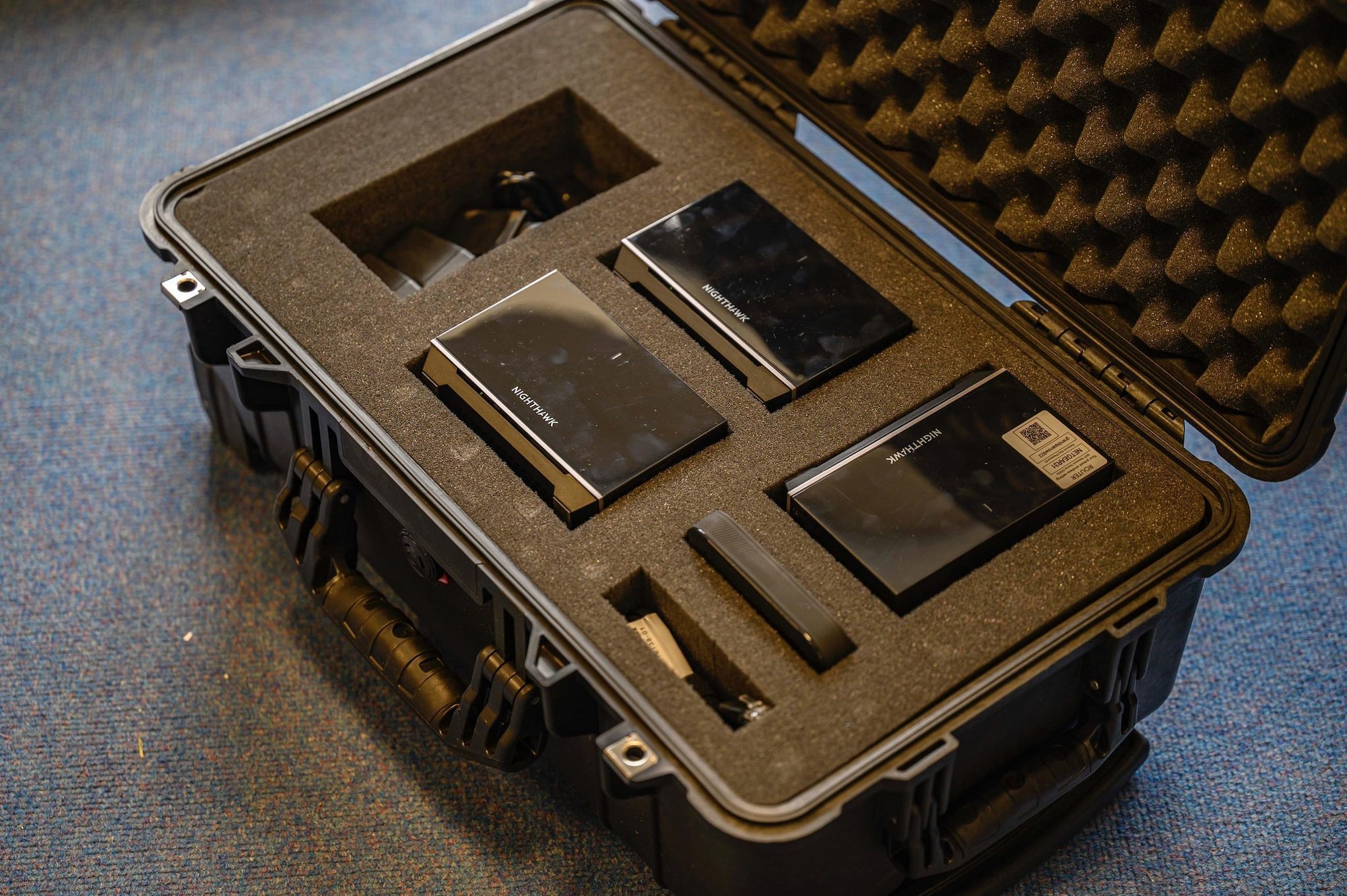 The first iteration of the Project: Go-Comm portable communications kit sits ready for use in October 2021. The prototype kit was built with commercially available parts and can be set up in under 20 minutes without specialized training or personnel to operate. (U.S. Air Force photo by Airman 1st Class Josiah Brown)