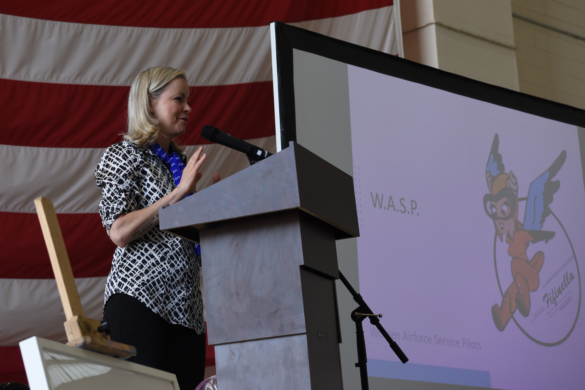 Erin Miller, author of the book “Final Flight” and granddaughter to Women Airforce Service Pilot Elaine Danforth Harmon, speaks on her grandmother’s military service at Dyess Air Force Base, Texas, April 29, 2022. Guest speakers spoke about the past, present and future of women in the military and culture changes made by female service members. (U.S. Air Force Photo by Senior Airman Sophia Robello)