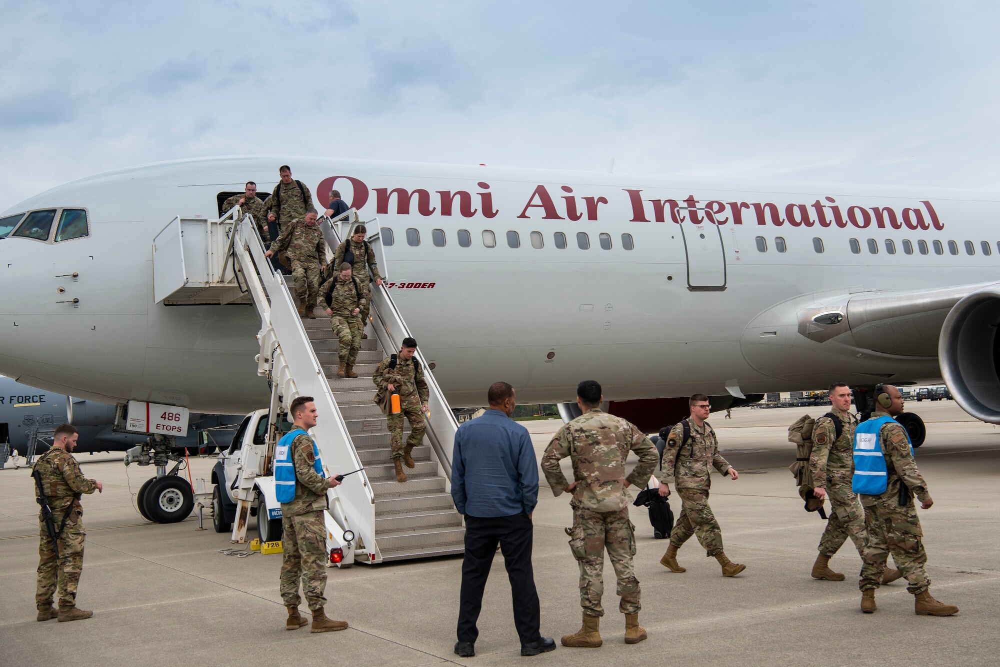 Members from the Vermont Air National Guard’s 158th Fighter Wing arrive at Spangdahlem Air Base, Germany, April 29, 2022. The continuation of the F-35 mission gives Air National Guard Airmen the opportunity to continue regular touchpoints and routine training integration with U.S. Allies and partners throughout Europe. (U.S. Air Force photo by Airman 1st Class Marcus Hardy-Bannerman)