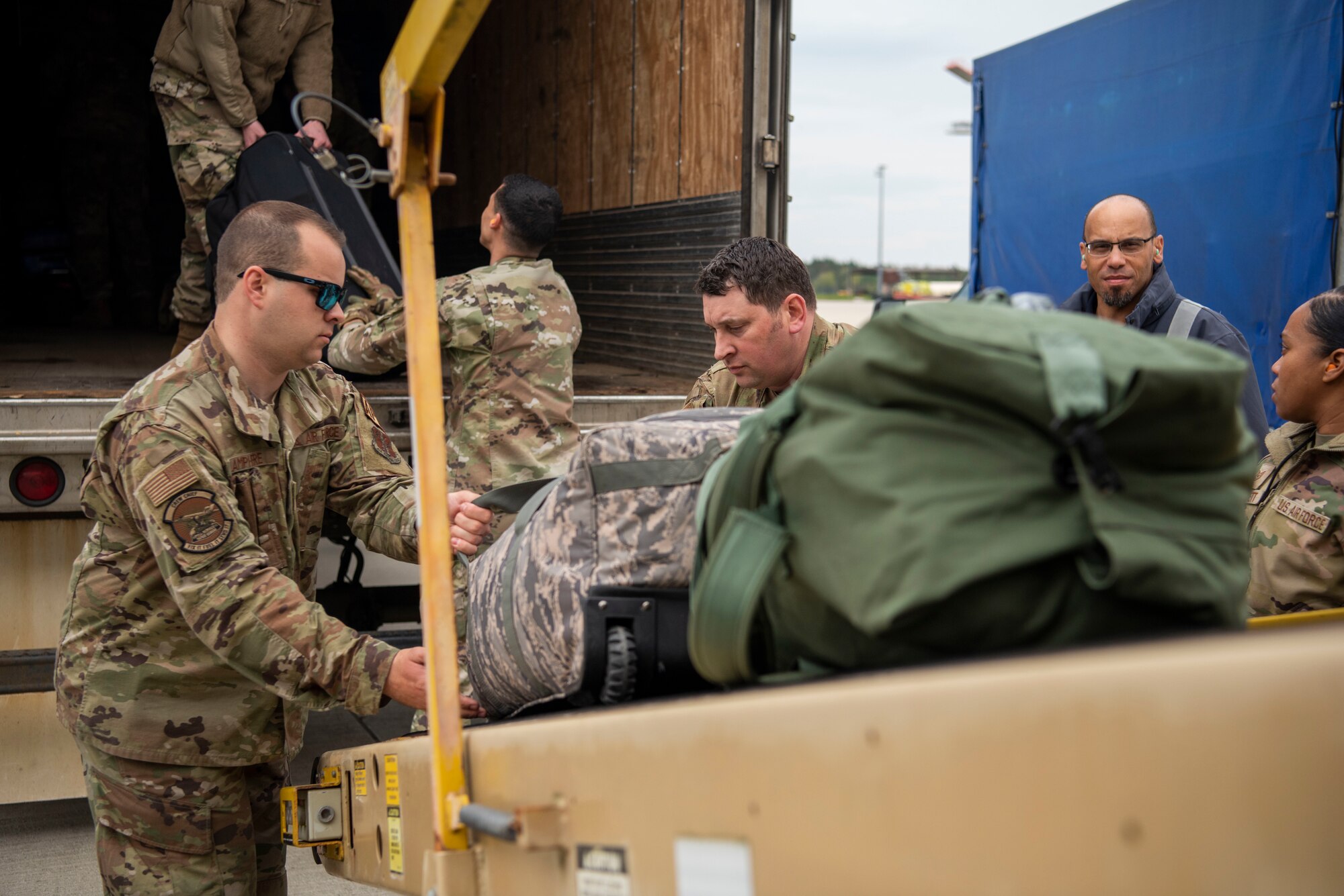 Members from the Vermont Air National Guard’s 158th Fighter Wing arrive at Spangdahlem Air Base, Germany, April 29, 2022.  The 158th FW will continue the F-35 mission throughout the European theater. (U.S. Air Force photo by Airman 1st Class Marcus Hardy-Bannerman)