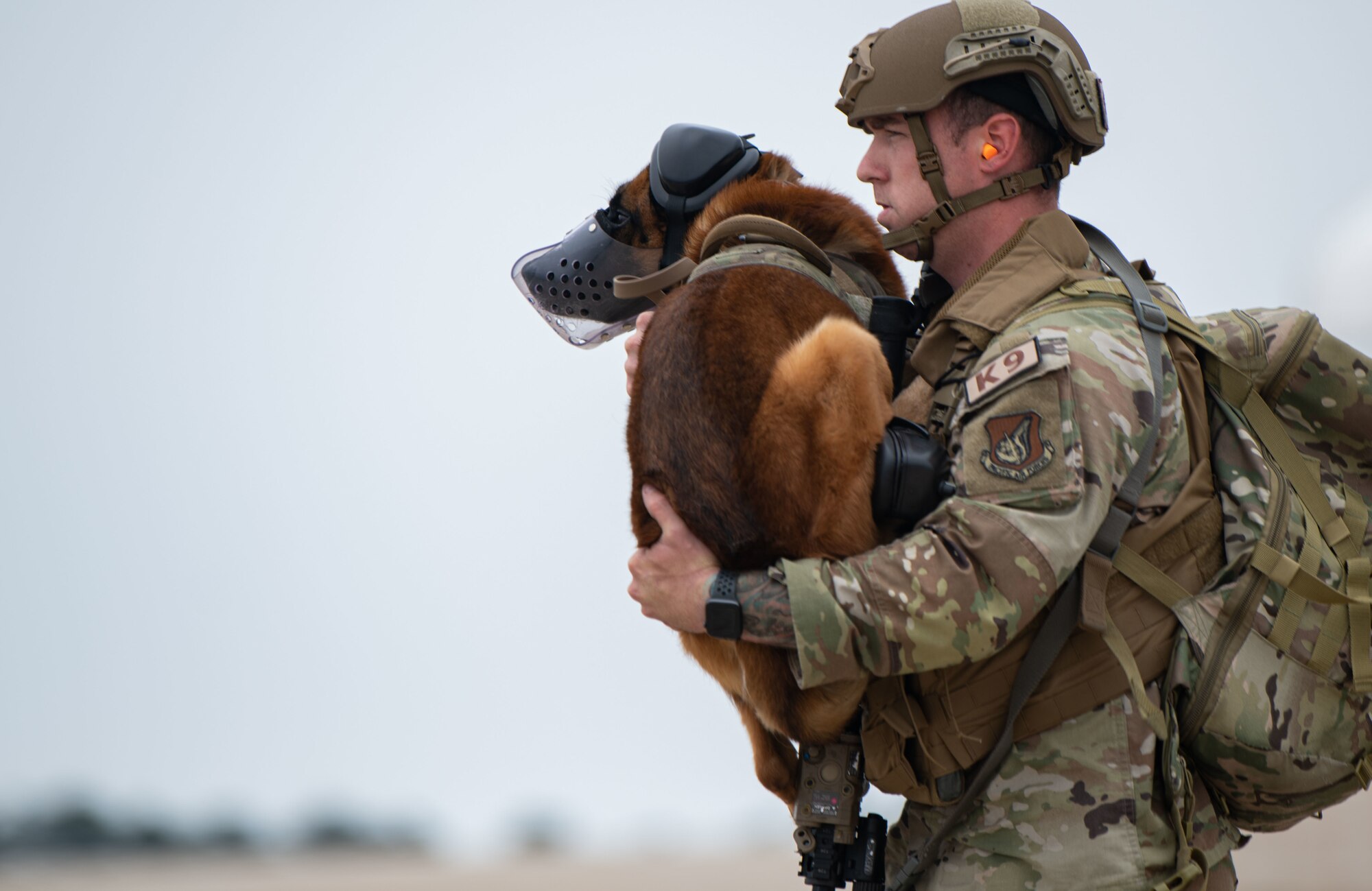 Staff Sgt. Christopher Spires, 8th Security Forces Squadron military working dog (MWD) handler, and MWD Kkliff, prepare to board a CH-47 Chinook helicopter, assigned to U.S. Army Bravo Company, 3-2 General Support Aviation Battalion, out of Camp Humphreys, Republic of Korea, during K-9 medical evacuation training at Kunsan Air Base, ROK, April 26, 2022. The handlers gradually exposed the MWDs to the helicopters to familiarize them with the noises and vibrations to reduce their anxiety while flying. (U.S. Air Force photo by Staff Sgt. Gabrielle Spalding)
