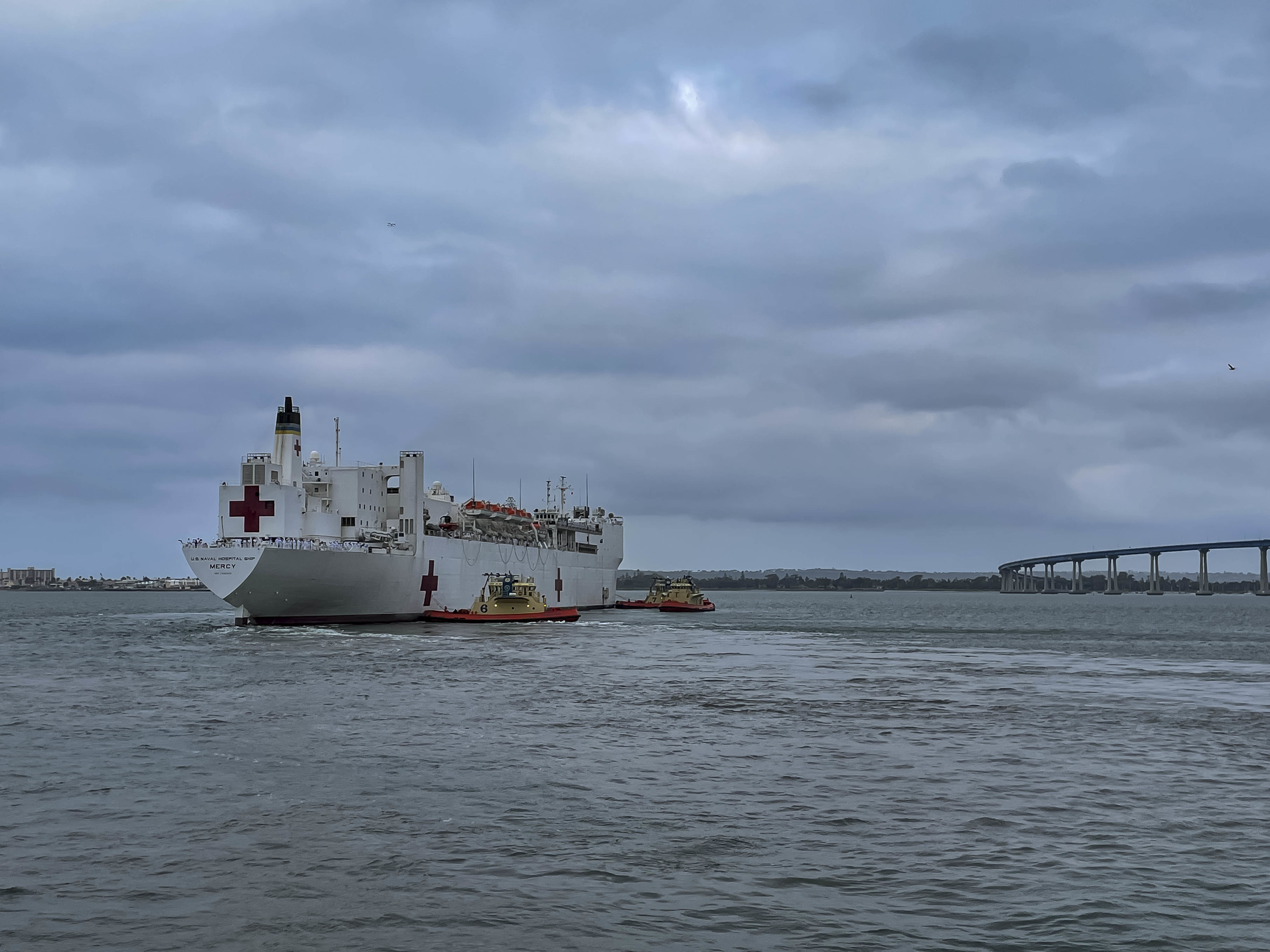 USNS Mercy (T-AH 19) departs from Naval Base San Diego.