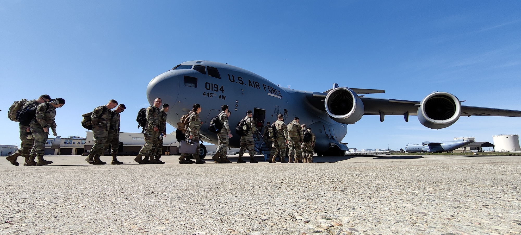 Air Force reservists from the 419th Fighter Wing board a C-17 aircraft headed to Savannah, Georgia. The 419th FW sent Airman and F-35A Lightning II jets to support Sentry Savannah, the Air National Guard’s largest fourth- and fifth-generation fighter aircraft exercise