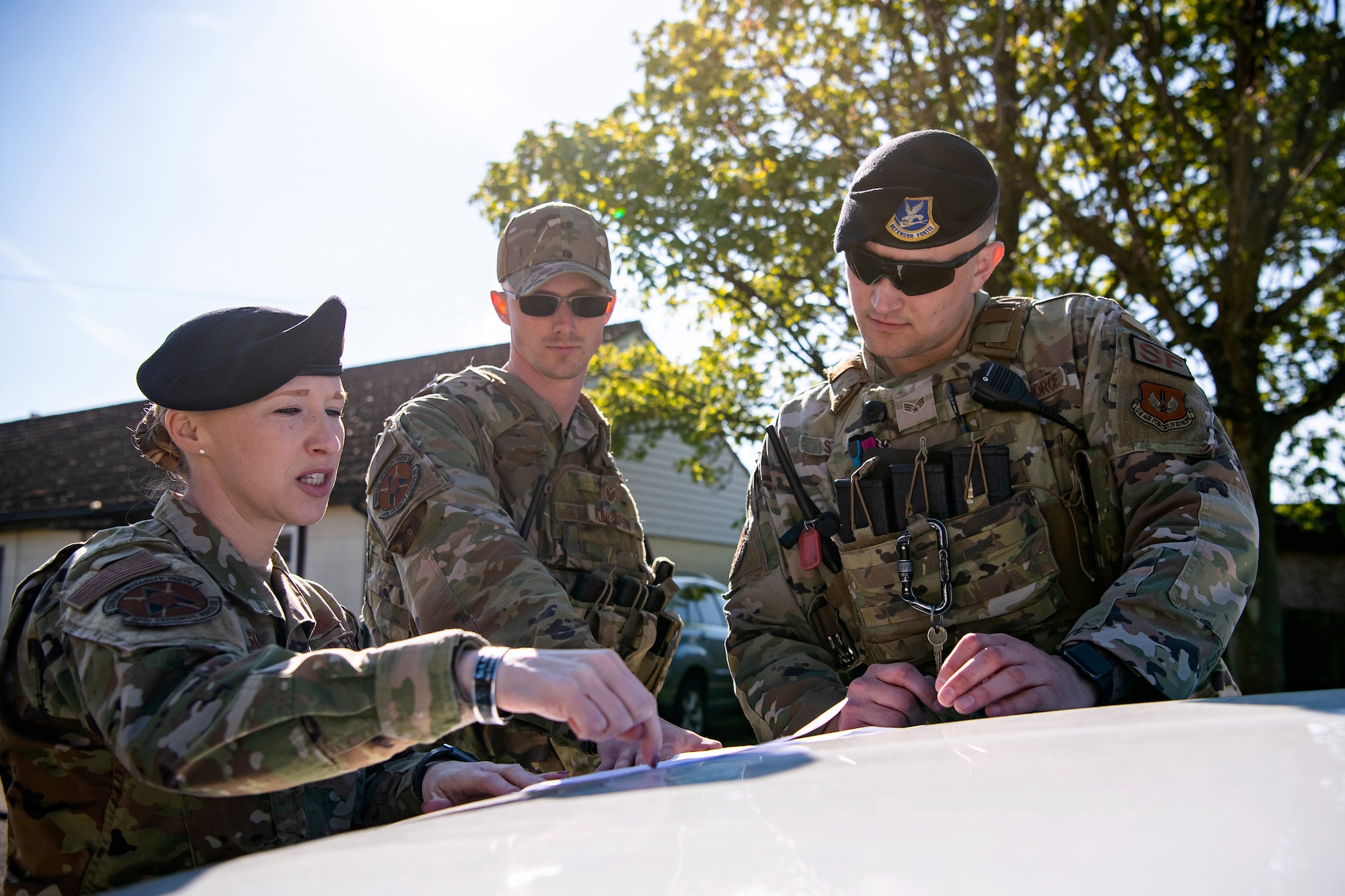 U.S. Air Force Master Sgt. Melissa Jackson, 423d Security Forces Squadron section chief of training, provides feedback to Airmen from the 423d SFS following a simulated domestic disturbance at RAF Alconbury, England, April 26, 2022. The exercise was designed to evaluate the strengths and weaknesses of 423d SFS members' response to various scenarios including domestic disturbances, drunk driving and other base security incidents. (U.S. Air Force photo by Staff Sgt. Eugene Oliver)