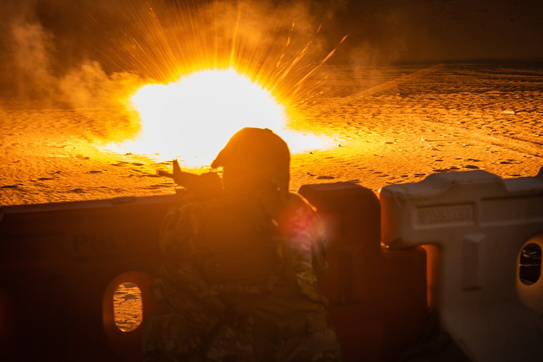 Spc. Brittany Dewalt, 1067th Transportation Company, fires an M16 during the stress shoot portion of the U.S. Army Central 2022 Best Squad Competition at Camp Buehring, Kuwait, May 3, 2022. BSC 2022 measures the abilities of squads to perform physical and mental challenges as a cohesive team. (U.S. Army photo by Sgt. Owen Thez)