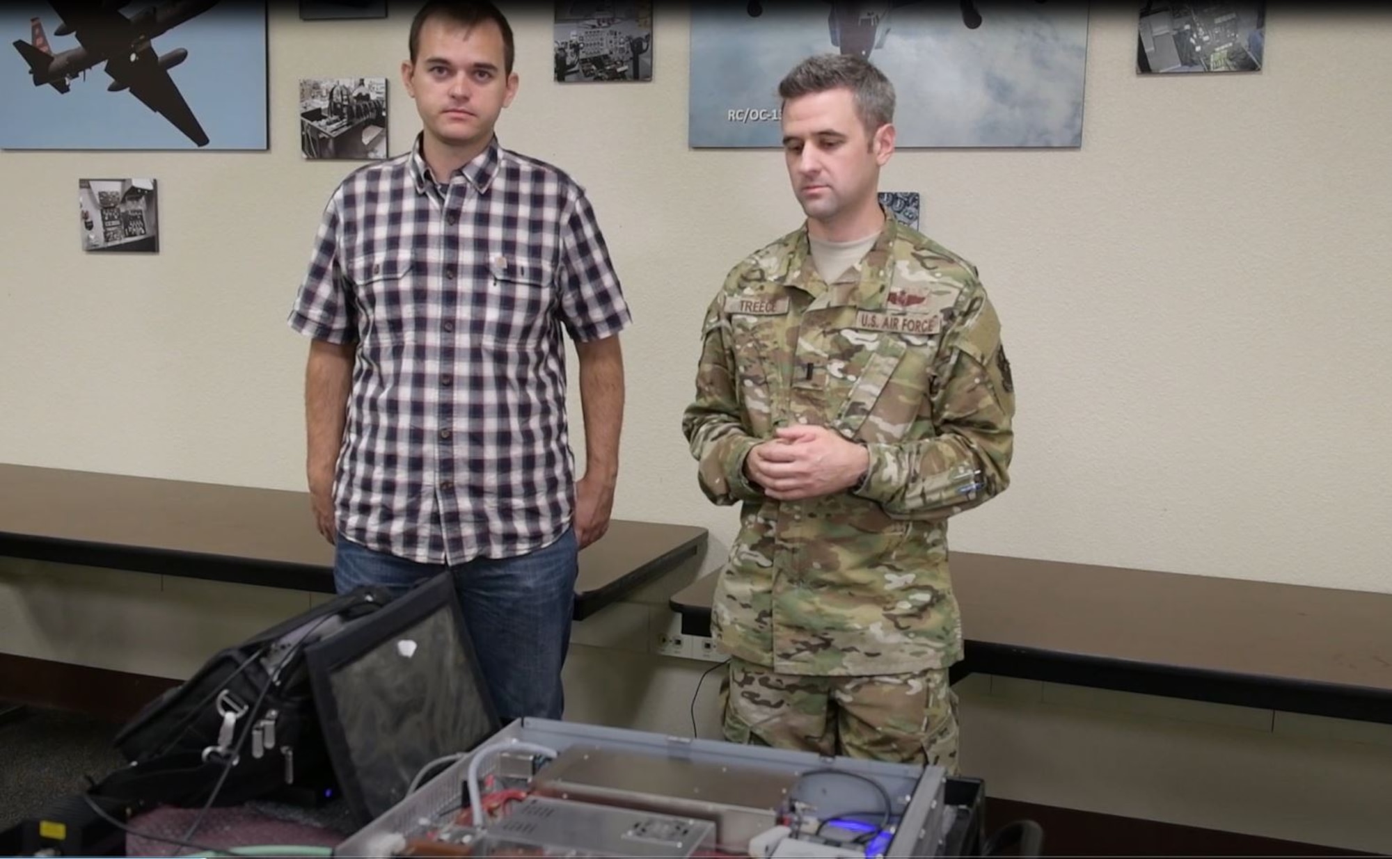1st Lt. Adam Treece, 56th OSS intelligence readiness chief assigned to Luke Air Force Base, Arizona and Wylie Standage Beier, ASU electrical engineering PhD student, brief about their Spark Tank submission the Low Cost Threat Emitter Replication