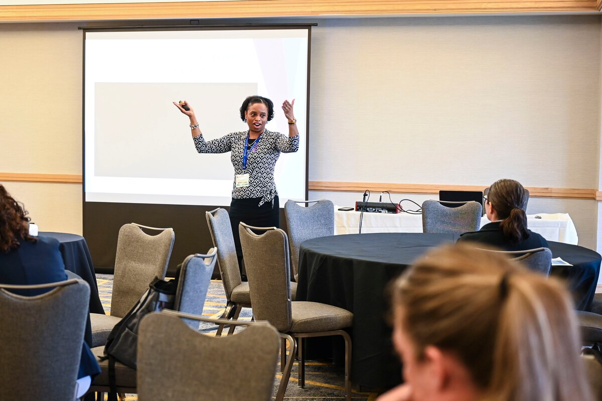 Photo of Lt. Col. Brande Newsome leading a discussion at a Yellow Ribbon event.