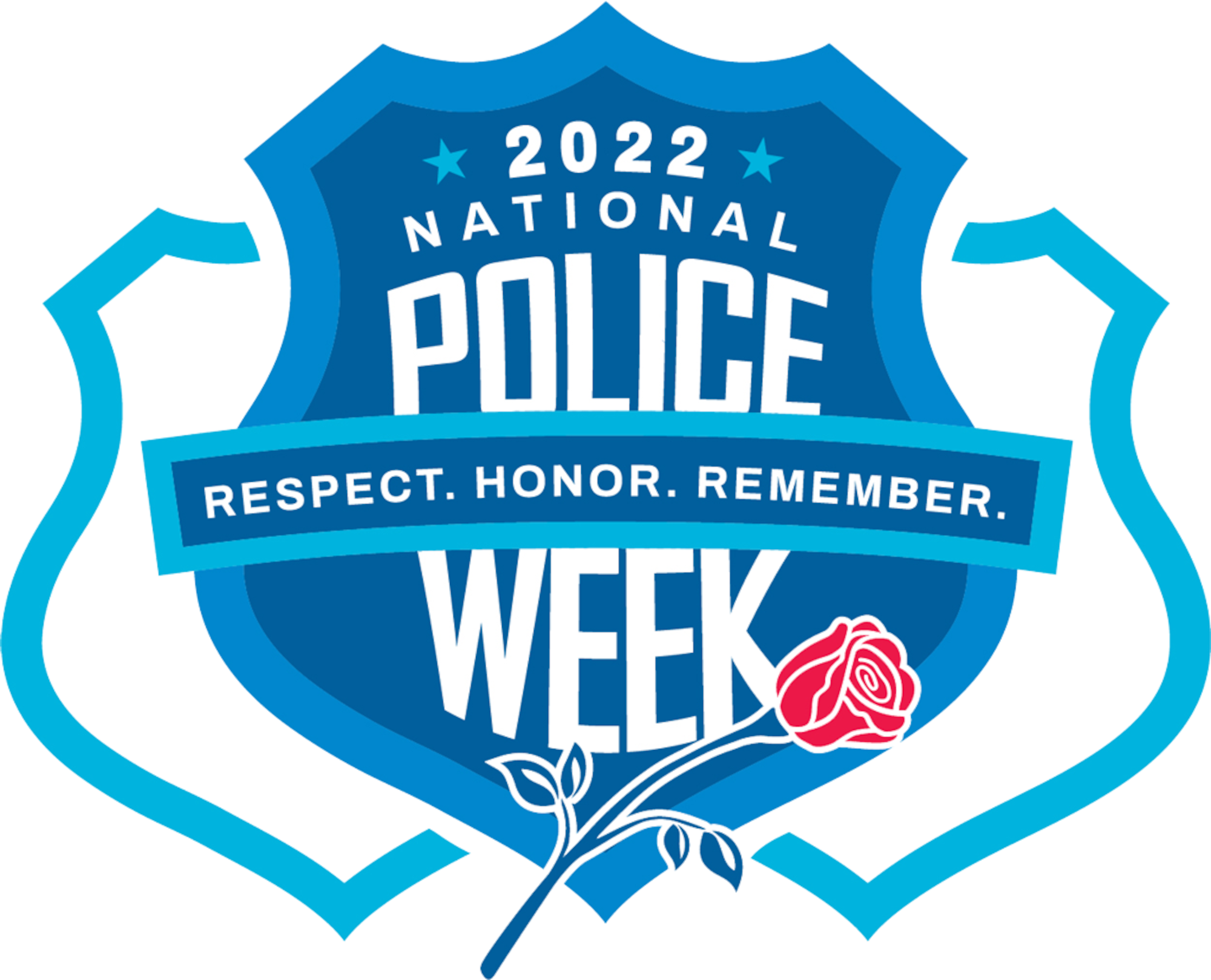 3 blue police shields with words 2022 National Police Week in the middle and red rose in front