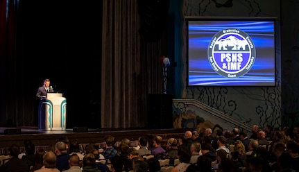 Master of Ceremonies Dan Arnall, trade superintendent, Shop 31 Inside Machinists, welcomes nominees to the annual Puget Sound Naval Shipyard & Intermediate Maintenance Facility Employee of the Year awards ceremony May 3, 2022, at the Admiral Theatre in downtown in Bremerton, Washington. (U.S. Navy photo by Scott Hansen)