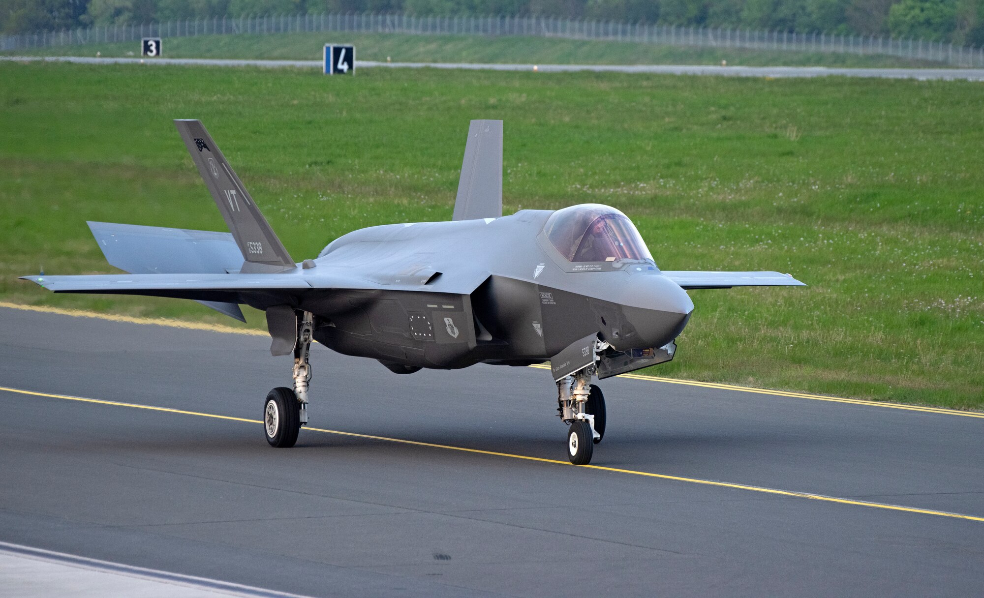 A U.S. Air Force F-35A Lightning II fifth generation fighter aircraft assigned to the Vermont Air National Guard’s 158th Fighter Wing , arrives at Spangdahlem Air Base, Germany, May 02, 2022.  Fifth generation aircraft  provide unprecedented communication capabilities, command and control, and lethality for the combined and joint force which afford NATO and U.S. leaders the flexibility to project power and assert air dominance in highly contested environments. (U.S. Air Force photo by Tech. Sgt. Anthony Plyler)