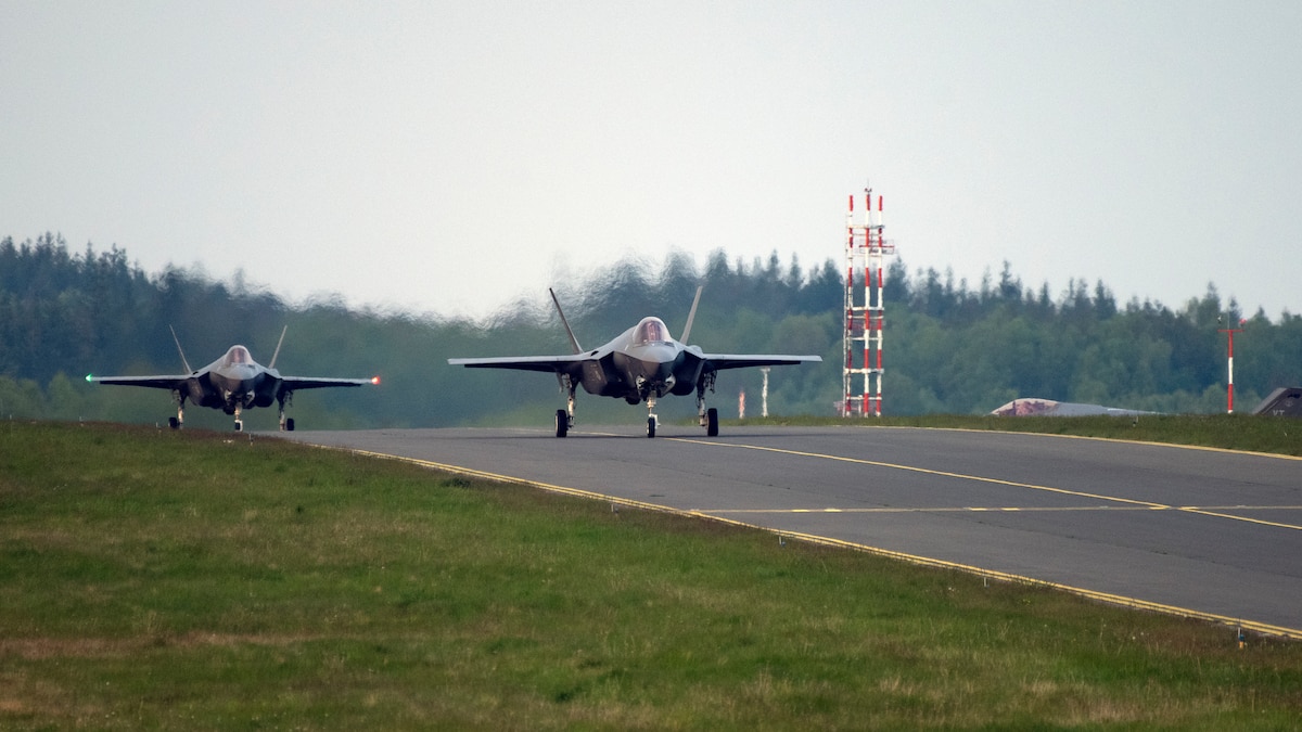 Three U.S. Air Force F-35A Lightning II fifth generation fighter aircraft, assigned to the Vermont Air National Guard’s 158th Fighter Wing, taxi the runway at Spangdahlem Air Base, Germany, May 02, 2022. As part of NATO’s plan to bolster its collective defense posture, the Vermont Air National Guard team will take over Hill Air Force Base’s role in the  Enhanced Air Policing mission. (U.S. Air Force photo by Tech. Sgt. Anthony Plyler)