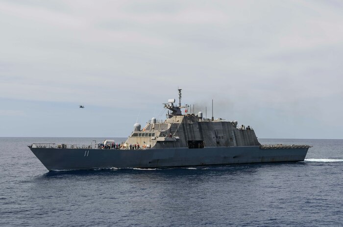 The Freedom-class littoral combat ship USS Sioux City (LCS 11) transits the Atlantic Ocean, May 3.