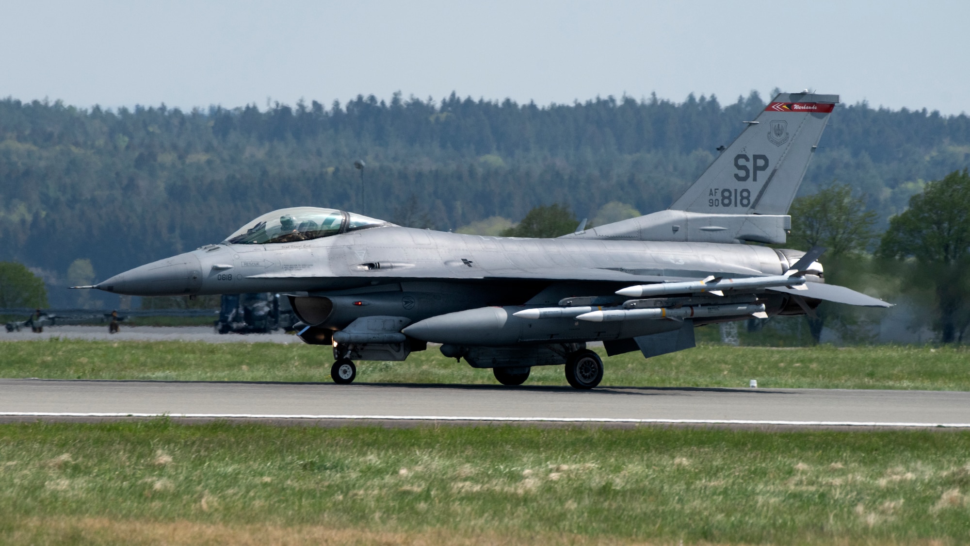 F-16 aircraft lands at Spangdahlem Air Base.