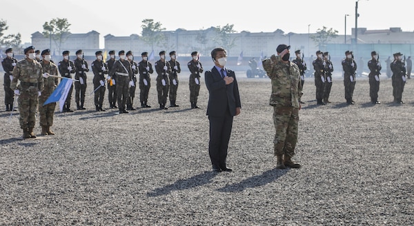 Republic of Korea outgoing Defense Minister Suh Wook and Gen. Paul J. LaCamera, Commander of United Nations Command, Combined Forces Command, and U.S. Forces Korea, salute the colors during an honor guard ceremony in honor of Suh. Gen. LaCamera expressed his gratitude for Minister Suh’s leadership that helped maintain a robust combined defense posture and ensured an ironclad alliance between the ROK and the U.S.