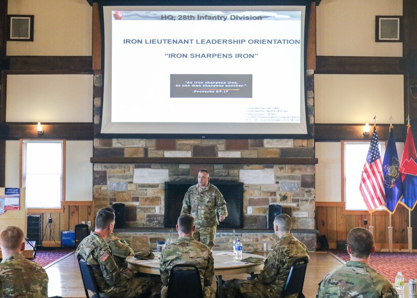 Brig. Gen. Mark McCormack, 28th Infantry Division commanding general, explains to lieutenants about the Iron Division’s history, the standard for performance and professionalism and his desire to sustain the 28ID’s reputation across this country and the globe. He also discussed the value the command places on the soldiers of the Keystone Division during the 28ID Iron Lieutenant Leadership Orientation at Fort Indiantown Gap on April 30.