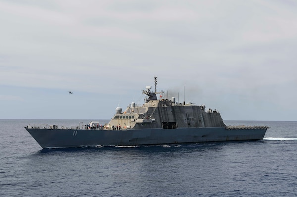 The Freedom-class littoral combat ship USS Sioux City (LCS 11) transits the Atlantic Ocean, May 3.