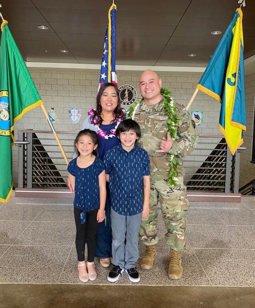 Sgt. 1st Class Lance Shimamoto and his family before his deployment to Iraq in 2019. Shimamoto, a member of the Washington Army National Guard, was born in Hawaii.