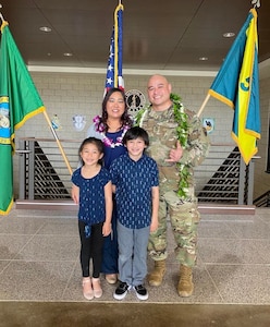 Sgt. 1st Class Lance Shimamoto and his family before his deployment to Iraq in 2019. Shimamoto, a member of the Washington Army National Guard, was born in Hawaii.