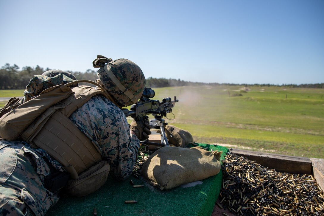 U.S. Marines with Combat Logistics Regiment 37, 3rd Marine Logistics Group, participate in an M240B medium machine gun range during exercise Atlantic Dragon on Camp Blanding, Fla., United States, March 27, 2022. Atlantic Dragon is a force generation exercise pushing CLR-37 as an arrival assembly operations group to provide tactical logistics support to III Marine Expeditionary Force. The exercise consists of an experimental maritime prepositioned force's offload tactics of military equipment that will support the field exercise training to increase combat readiness and efficiency. 3rd MLG, based out of Okinawa, Japan, is a forward-deployed combat unit that serves as III MEF’s comprehensive logistics and combat service support backbone for operations throughout the Indo-Pacific area of responsibility.