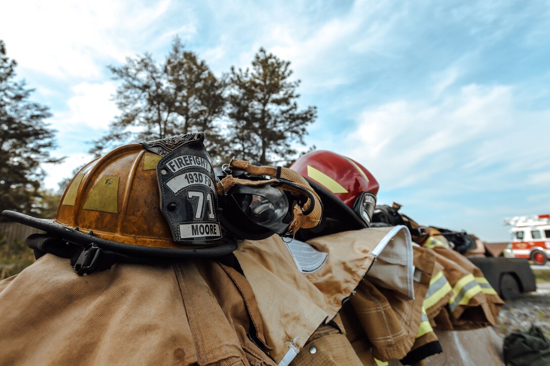 Items from the 193rd Special Operations Wing’s personal protective equipment sit on a ledge during an interagency fire-fight training at Joint Base Andrews, Md., May 2, 2022.