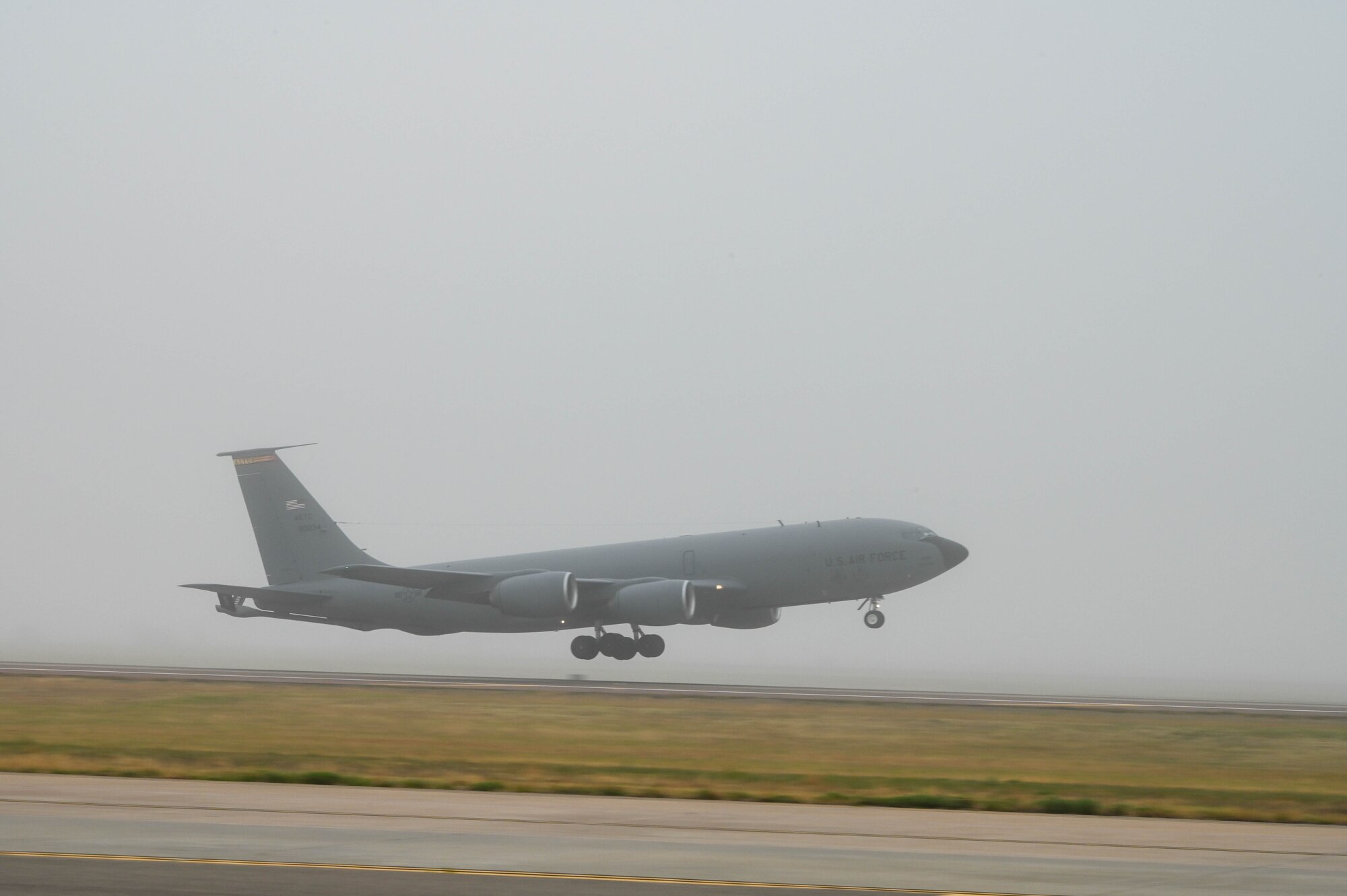 A KC-135 Stratotanker takes off due to an incoming severe weather forecast at Altus Air Force Base (AAFB), Oklahoma, May 4, 2022. Despite the severe weather flyaway, the 97th Operations Group was able to continue student training, fulfilling the 97th Air Mobility Wing’s vision to “forge the world’s most inspired, proficient and adaptive mobility warriors to deliver airpower for America.” (U.S. Air Force photo by Senior Airman Kayla Christenson)