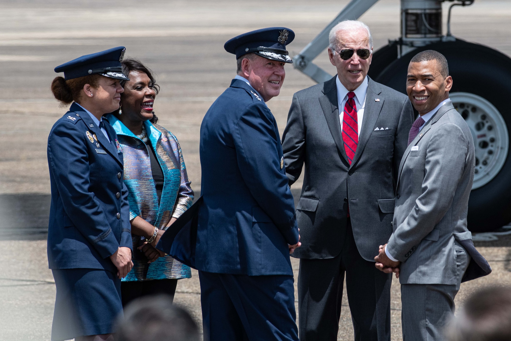 Maxwell AFB, Ala. -  President Joe Biden visited a Lockheed Martin Facility that manufactures anti-tank missiles in Troy, Alabama, on May 3, 2022, using Maxwell Air Force Base for arrival and departure. The Biden Administration is providing additional security assistance to support Ukraine which includes the Troy-built Javelin anti-tank missiles. Congresswoman Terri Sewell, Montgomery Mayer Stephen Reed, Air University Commander Lt. Gen. James Hecker, and 42d Air Base Wing Commander Col. Eries Mentzer were on hand to welcome Biden to Maxwell.  (US Air Force photo by Melanie Rodgers Cox)