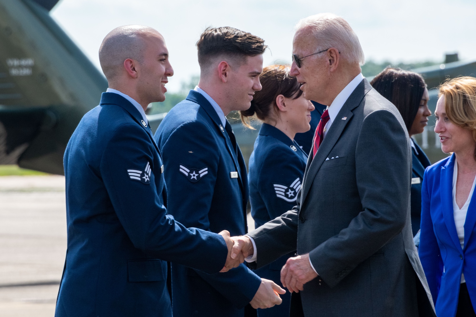 Maxwell AFB, Ala. -  President Joe Biden visited a Lockheed Martin Facility that manufactures anti-tank missiles in Troy, Alabama, on May 3, 2022, using Maxwell Air Force Base for arrival and departure. The Biden Administration is providing additional security assistance to support Ukraine which includes the Troy-built Javelin anti-tank missiles. Upon his return to Maxwell, Biden recognized Maxwell-Gunter Airman for exemplary service. (US Air Force photo by Melanie Rodgers Cox)