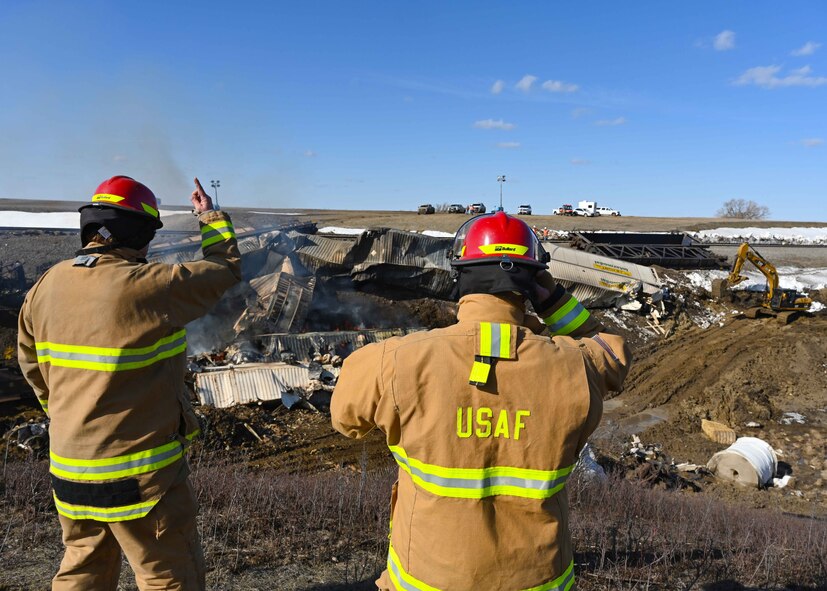 Minot Air Force Base firefighters respond to train derailment at Burlington, North Dakota, May 02, 2022.